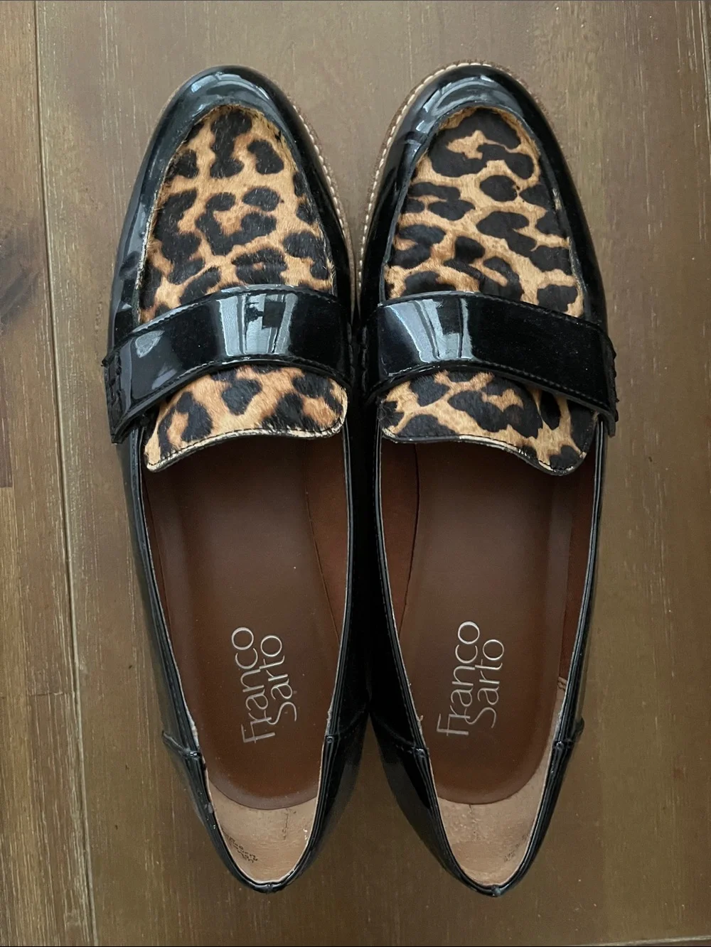 Franco Sarto Black Patent Loafers with Leopard Print Vamp NEW